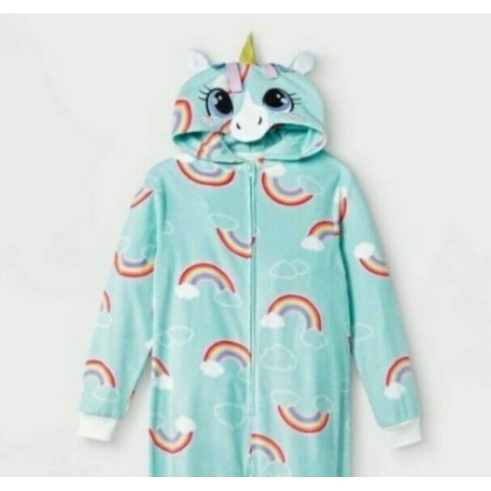 NWT Cat&Jack Rainbow Unicorn Hooded One Piece PJs sz 10/12 Large YOUTH